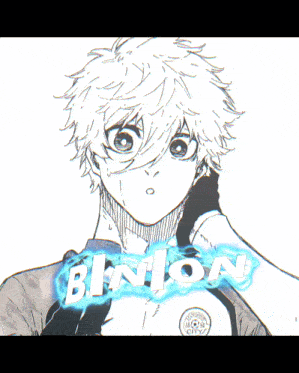 a black and white drawing of a boy with the name binion on it
