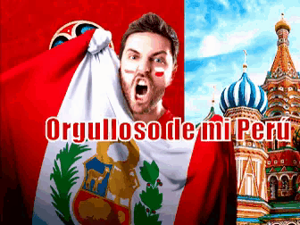a man holding a flag with the words orgullosode mi peru written on it