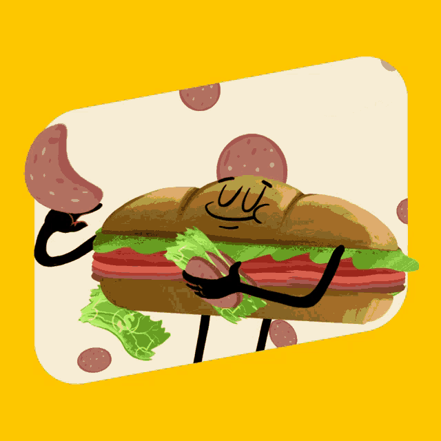 a cartoon drawing of a sandwich with a salami on top