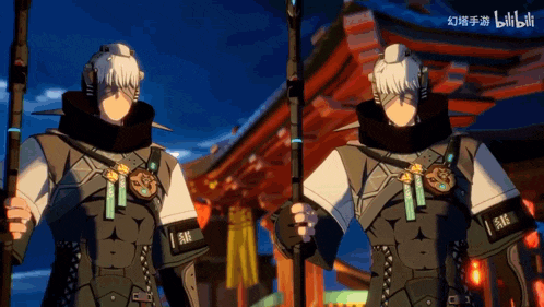 two anime characters are standing next to each other with chinese writing on their arms