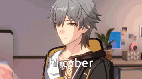 a cartoon character with the word hi cyber written on it