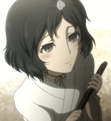 a girl with black hair is holding a stick in her hands