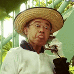 a man wearing a straw hat is talking on a cell phone .