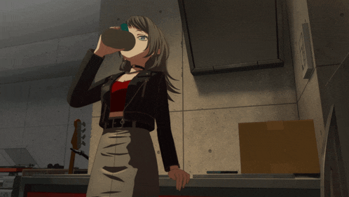 a girl in a black jacket is holding a bottle