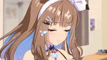 a brown haired anime girl with blue hair and a white headband