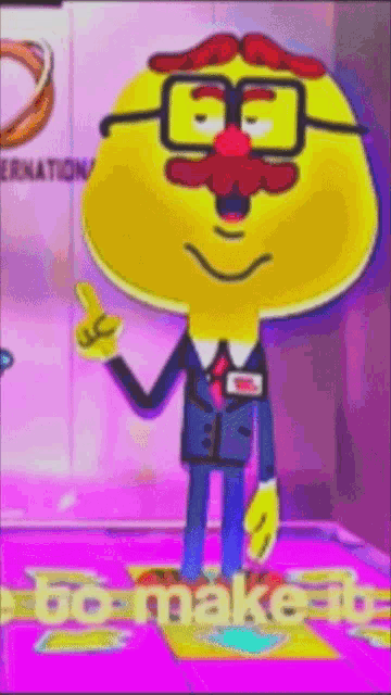 a cartoon character with glasses and a mustache is standing in front of a sign that says international