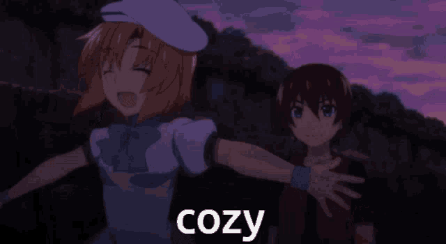 a couple of anime characters are standing next to each other and the word cozy is on the bottom