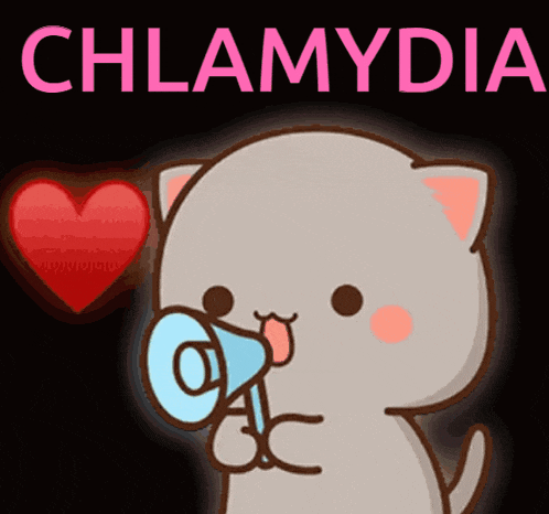a cartoon cat is holding a megaphone in front of a heart and the word chlamydia is above it