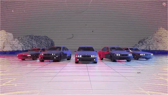 a row of bmw cars are lined up in a row on a grid