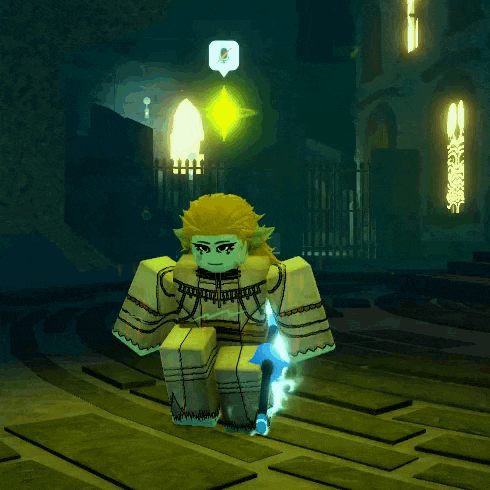 a cartoon character is standing in a dark room with a sword