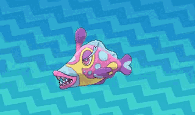 a colorful fish with sharp teeth is swimming in the ocean on a blue background .