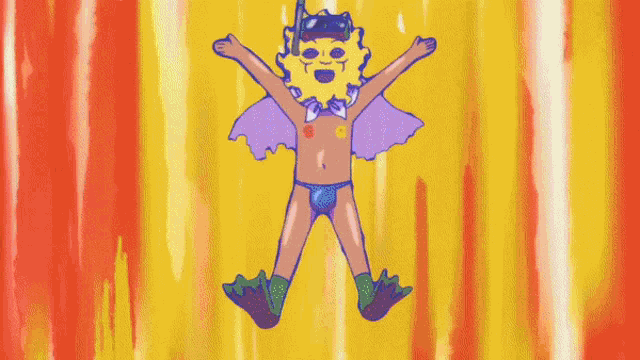 a cartoon character with a purple cape and a yellow face is jumping in the air .
