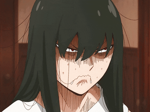a drawing of a girl with long black hair making a face