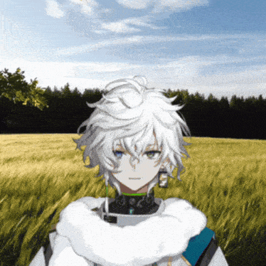 a white haired anime character stands in a field