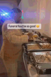 a man in a suit is preparing food for a funeral and the caption says funeral food be so good