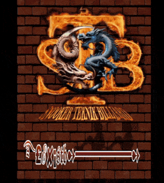 a brick wall with the letters sb and a dragon on it