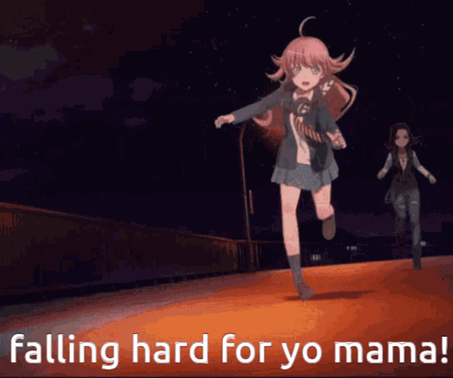 a picture of a girl running with the words falling hard for yo mama below her
