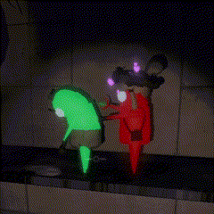 a couple of glow in the dark toys are standing next to each other in a dark room .