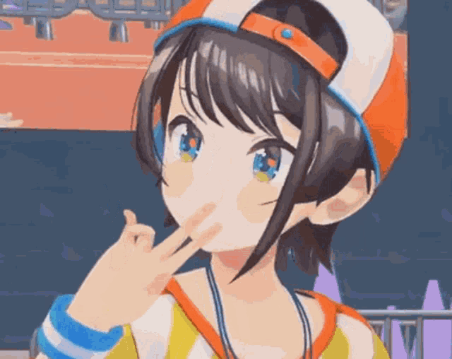 a girl in a baseball cap is making a peace sign with her finger .