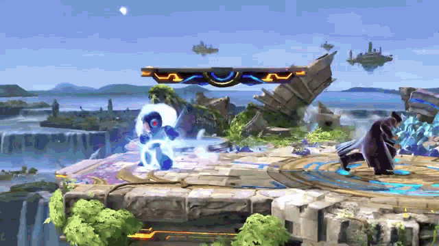 a video game scene with a waterfall and a castle in the background .