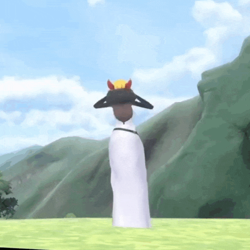 a cartoon character wearing a white dress and a hat is standing in a grassy field .