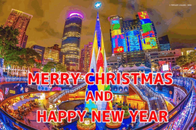 a merry christmas and happy new year card with a christmas tree in the background