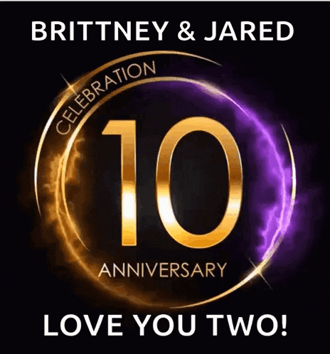 brittney and jared celebrate their 10th anniversary with a gold and purple logo