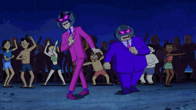 a cartoon of a man in a pink suit and a man in a purple suit dancing
