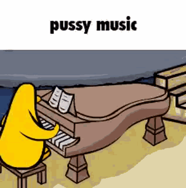 a cartoon of a yellow penguin playing a piano with the words pussy music below him