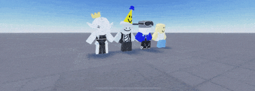 a group of cartoon characters standing next to each other with one wearing a party hat