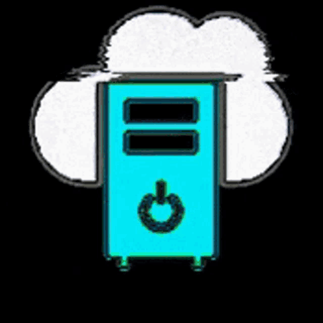 a blue box with a power button and a cloud behind it .