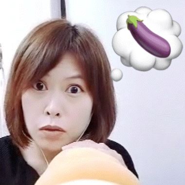 a woman with a purple eggplant in a thought bubble