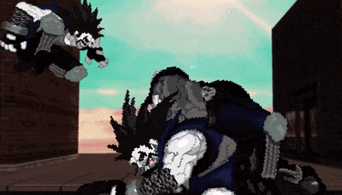 a pixel art drawing of a man with a skull on his chest
