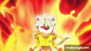 a cartoon character in a yellow jacket is surrounded by flames