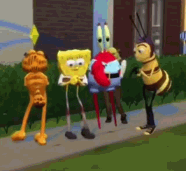 a group of cartoon characters are standing next to each other on the sidewalk .