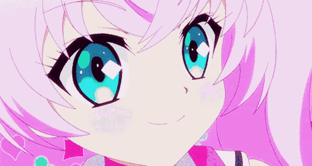 a girl with pink hair and blue eyes winks