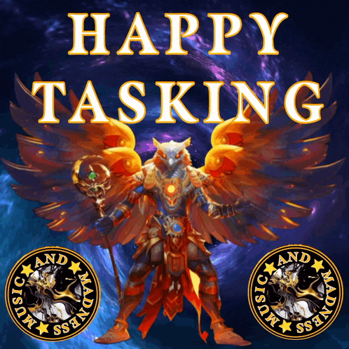a poster that says happy tasking with a fox holding a cane