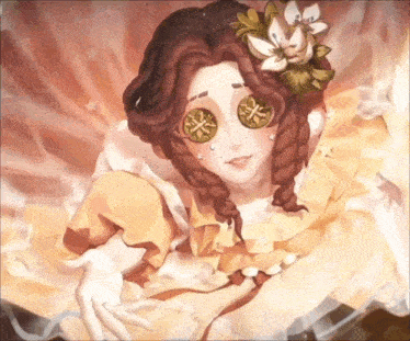 a painting of a woman with a flower in her hair and coins in her eyes