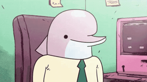 a cartoon of a dolphin in a suit and tie sitting in a chair .