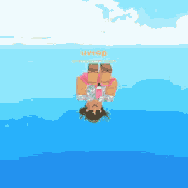 a cartoon character is upside down in the water with the word wrap above her head
