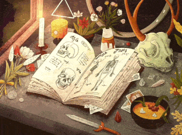 an open book with skulls and skeletons on it