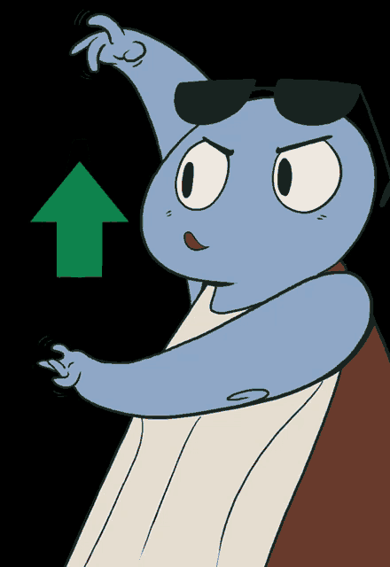a cartoon character with a green arrow pointing upward