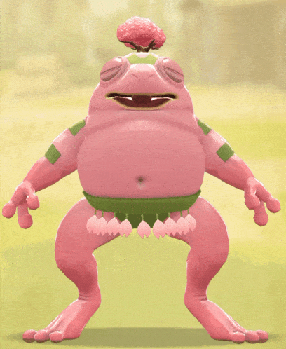 a pink frog with a flower on its head is standing in a field