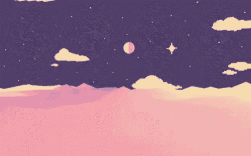 a pixel art landscape with mountains and clouds and a half moon