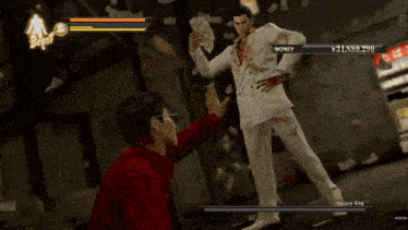 a video game screen shows a man with blood on his face