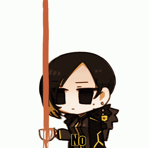 a drawing of a person holding a sword with the word no on their shirt