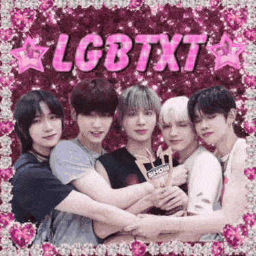 a group of young men are hugging in front of a pink background that says lgbtxt on it