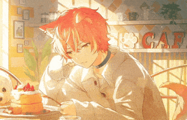 a boy with cat ears sits at a table with a plate of pancakes and a sign that says cafe