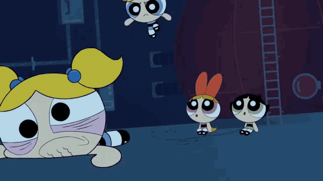 bubbles and buttercup from the powerpuff girls are laying down