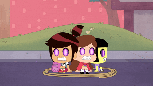 three cartoon characters are sitting on a rope and one of them has a backpack with the letter d on it